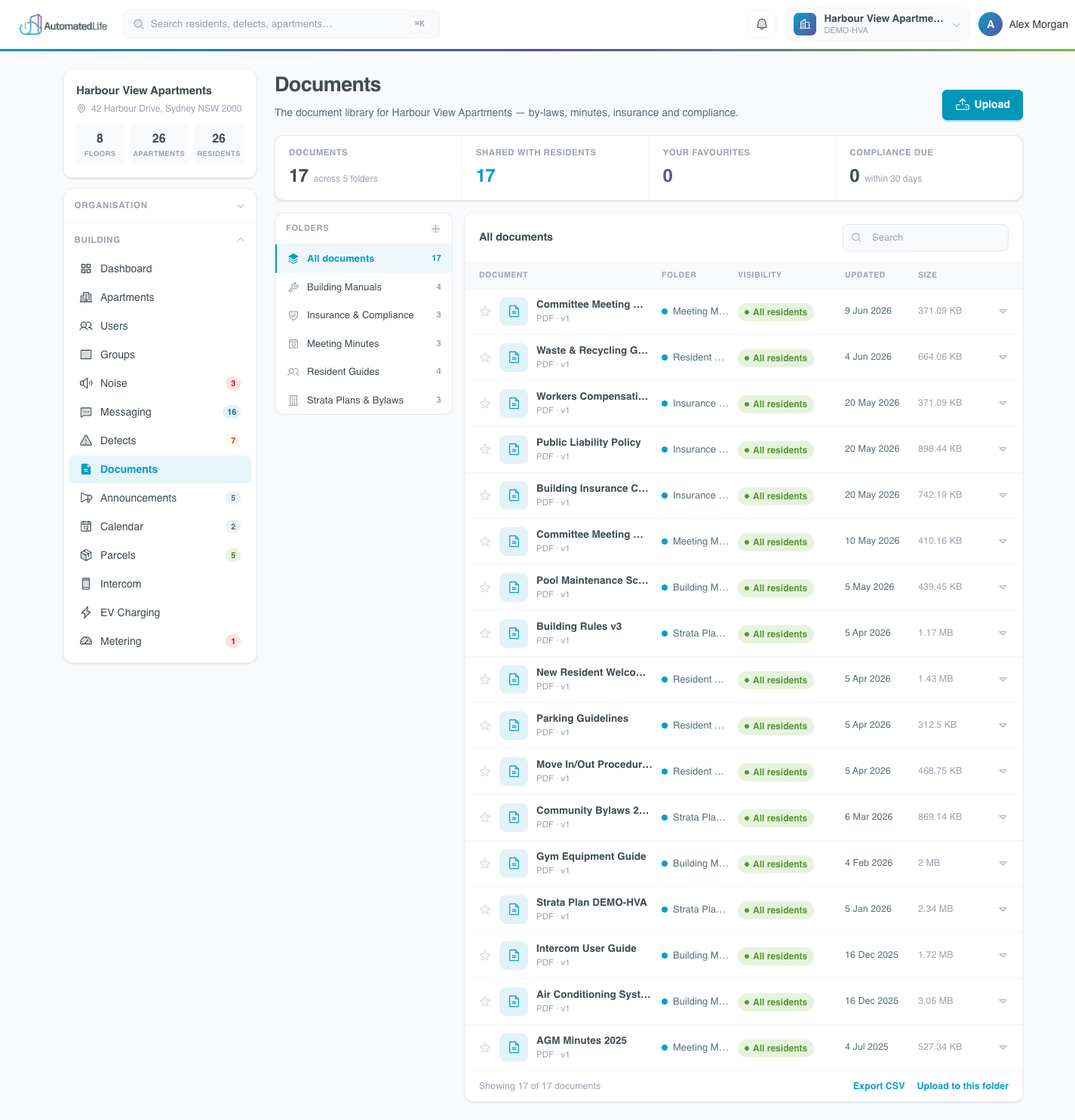 Documents screen in the Automated Life Connect dashboard